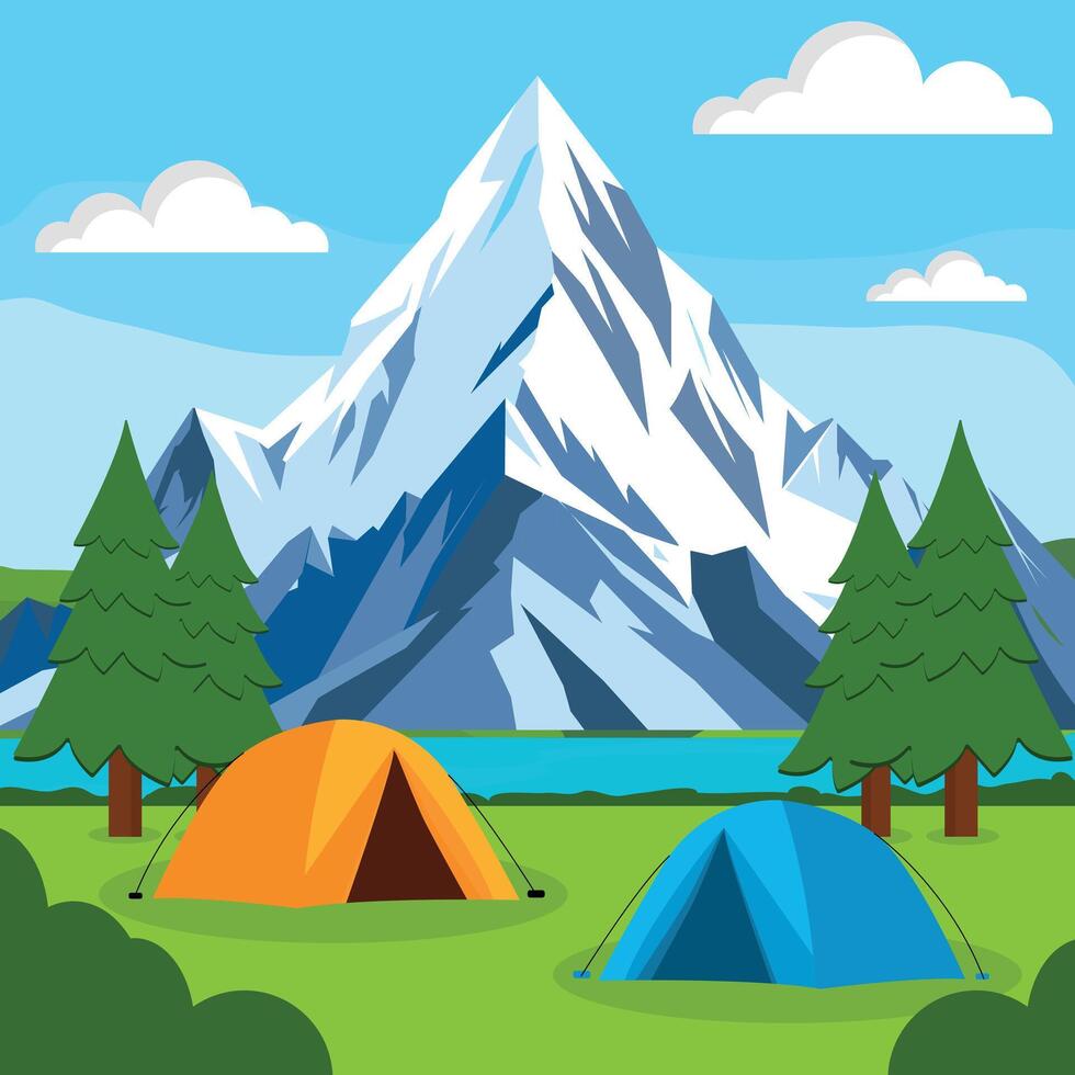 Camping tent below a mountain scene, Camping and Adventure concept vector