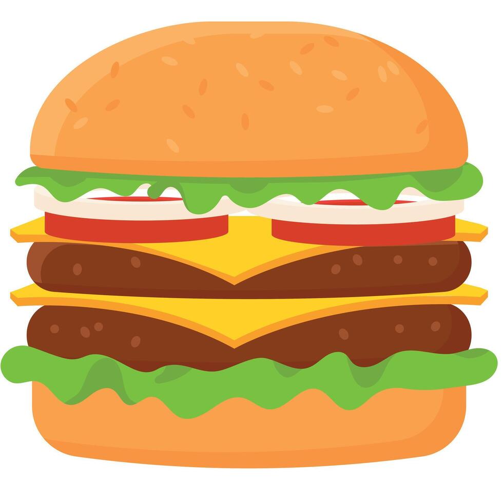 Delicious burger in a bun with cheese, lettuce tomato, Gourmet flat design fast food design element vector