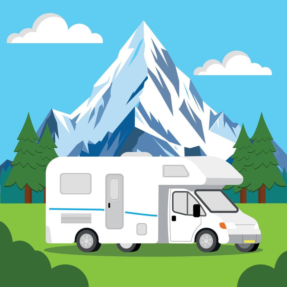 Motorhome, Campervan or RV in a campsite below a mountain, vacation or adventure concept vector