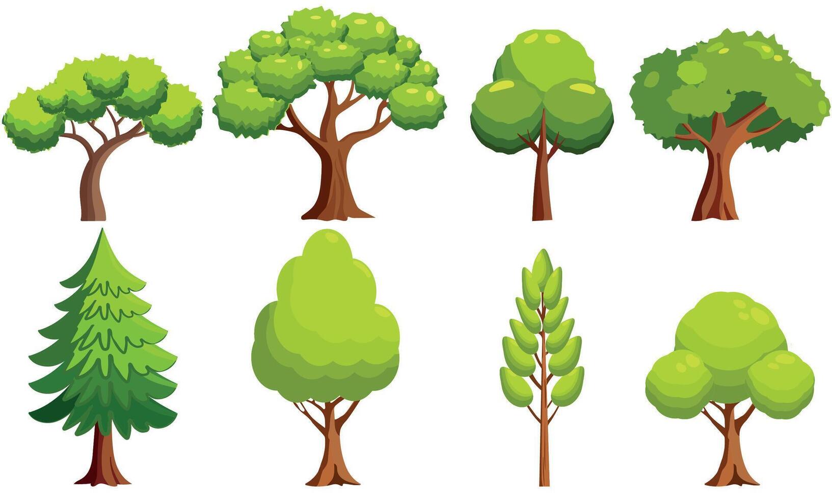 Various styles of cartoon trees isolated on a transparent background, Cute foilage graphic element vector