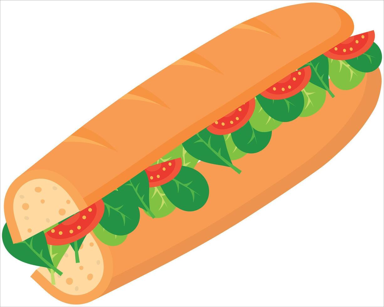 Delicious salad baguette food or snack design element with lettuce and tomato vector