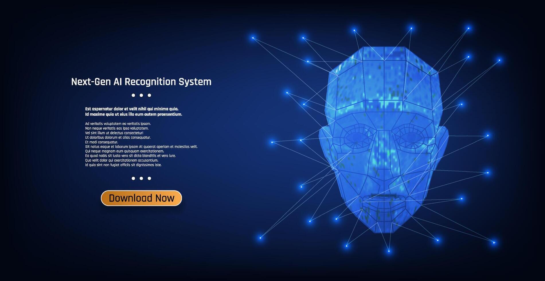 Next generation AI recognition system showcasing a 3D digital facial model on a deep blue background. vector
