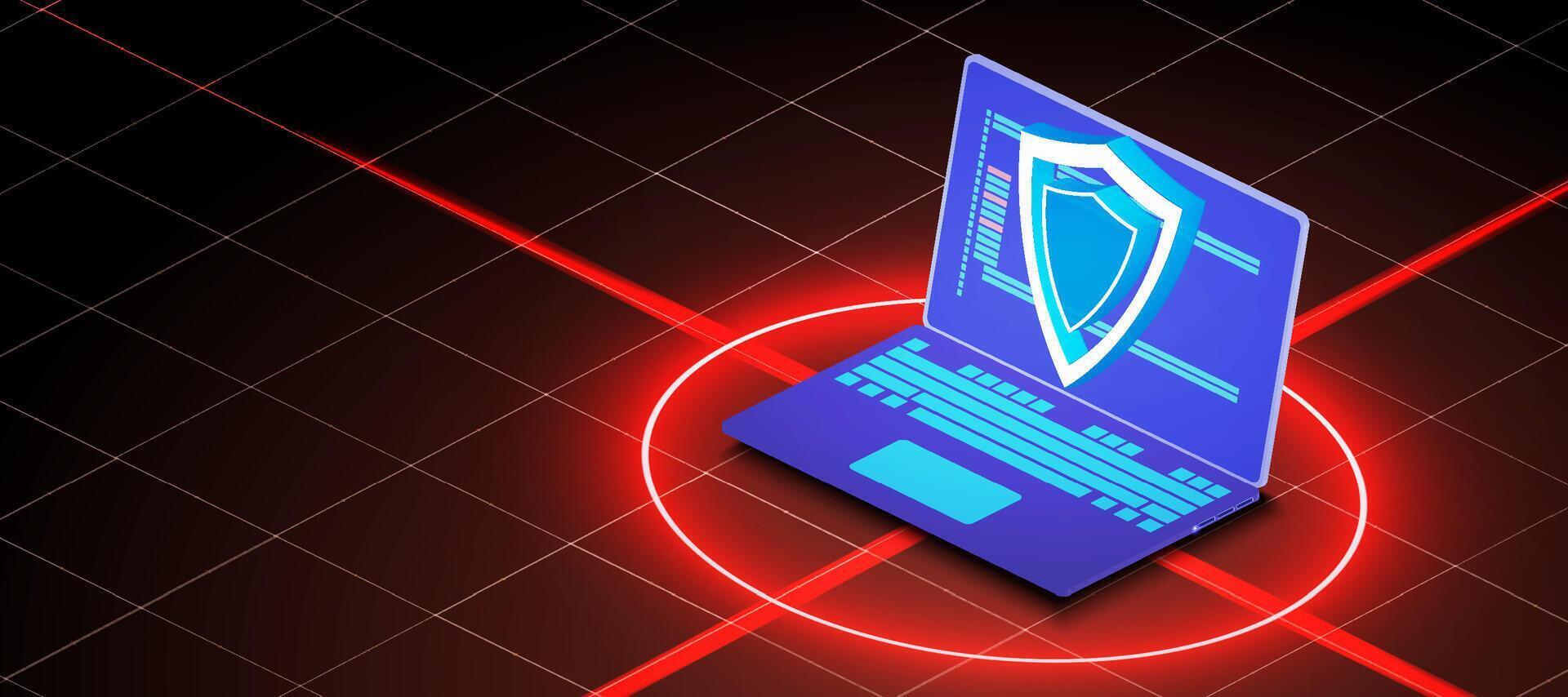 Digital security concept showcases a laptop with a shield on a red target background, highlighting the importance of cyber protection and privacy. vector