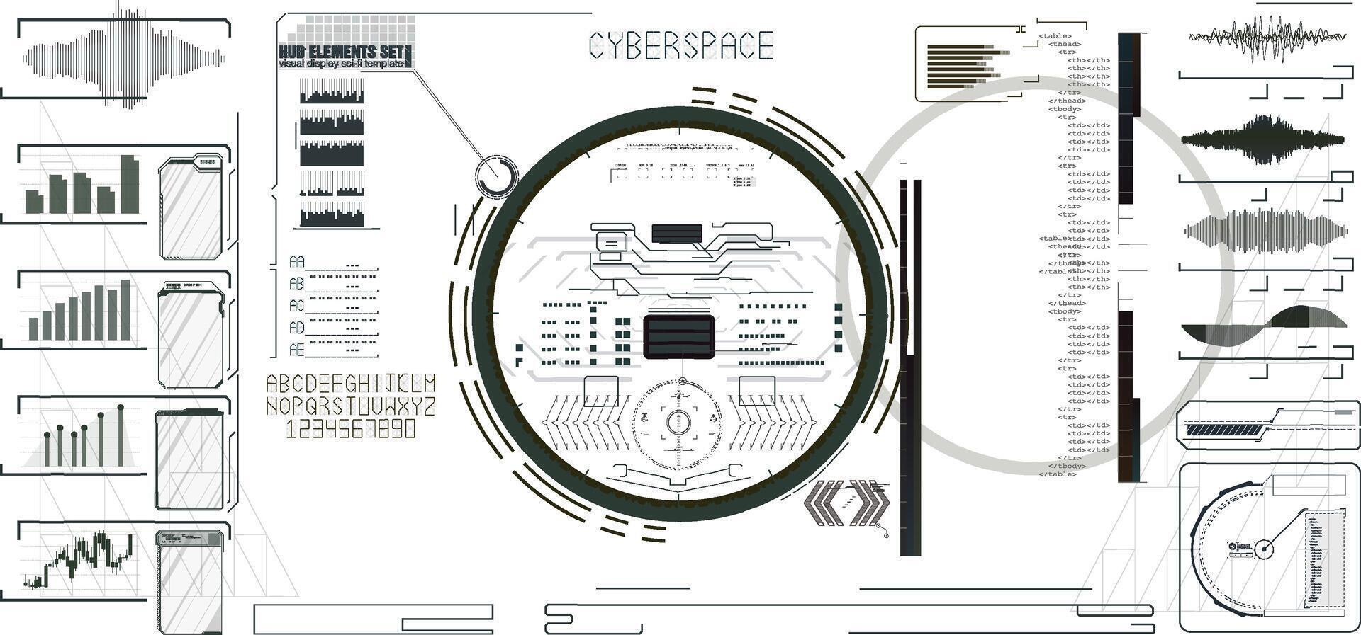 Futuristic digital interface displaying data analytics and visualizations in cyberspace environment. vector