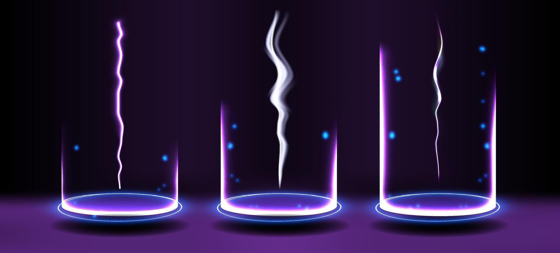 Vibrant abstract light trails depicting energy movement in three glass cylinders set against a dark background. vector
