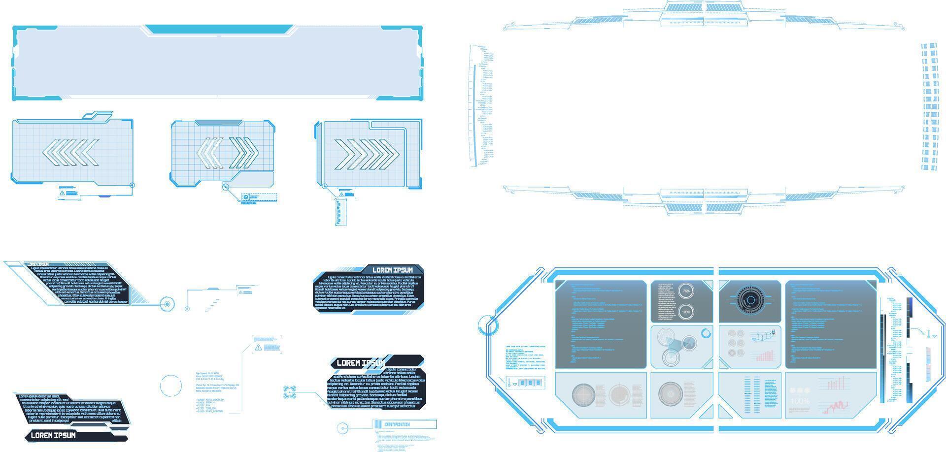 Digital interface design featuring futuristic elements and functional layouts for user interaction in a technology setting. vector