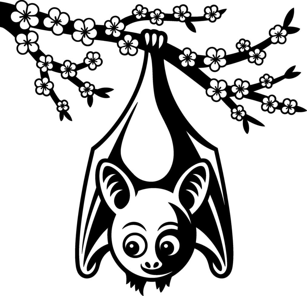 Cartoon Bat Hanging on Flowering Branch vector