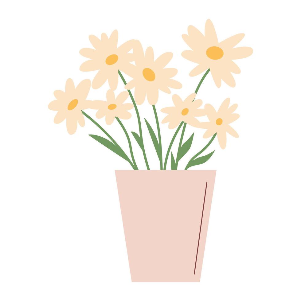 Charming flat hand drawn illustration of daisies in a pot. Simple and elegant floral trendy design. Perfect flowers for spring, nature, home decor themes, sticker. Isolated background. vector