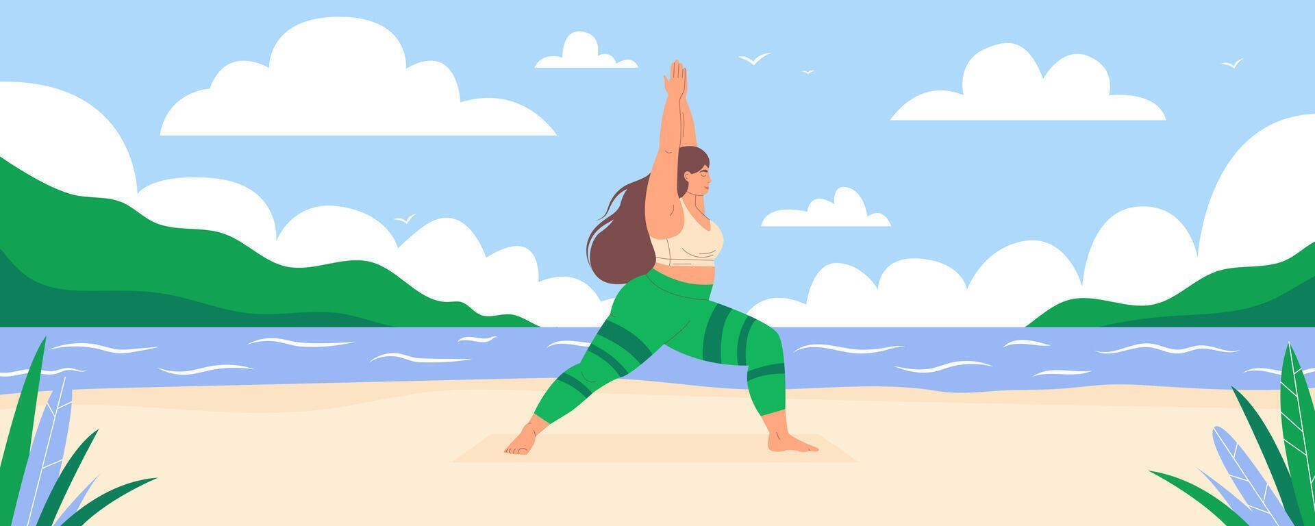 Confident plus size woman practicing yoga warrior pose on a scenic beach. Serene outdoor workout, body positive, self acceptance, healthy lifestyle concept. Peaceful and mindful illustration. vector