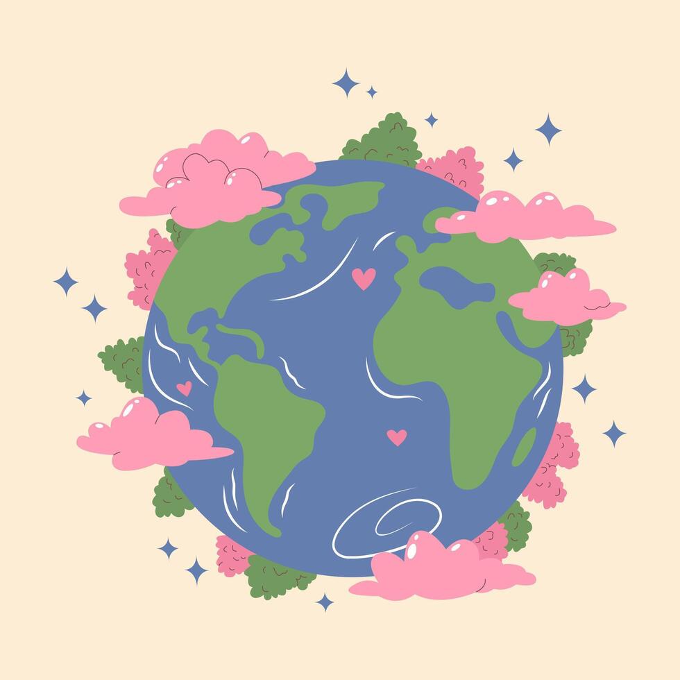 Retro style Earth planet illustration surrounded by plants and pink clouds. Ecology concept, Earth Day, environmental care. Cute and vibrant design for poster, banner, greeting card vector