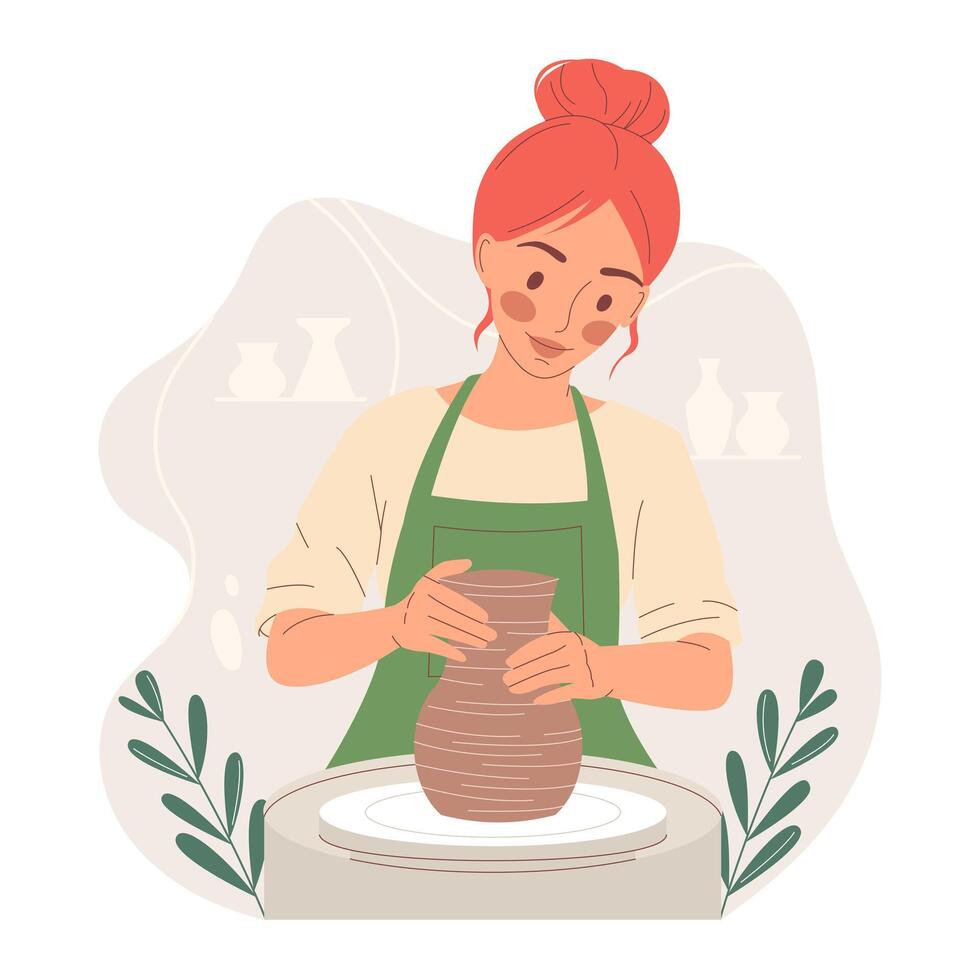 Young woman working on a pottery wheel, shaping a vase out clay. Creative hobby and craft concept. Cozy and inspiring flat illustration. Handmade ceramics process. Isolated background vector