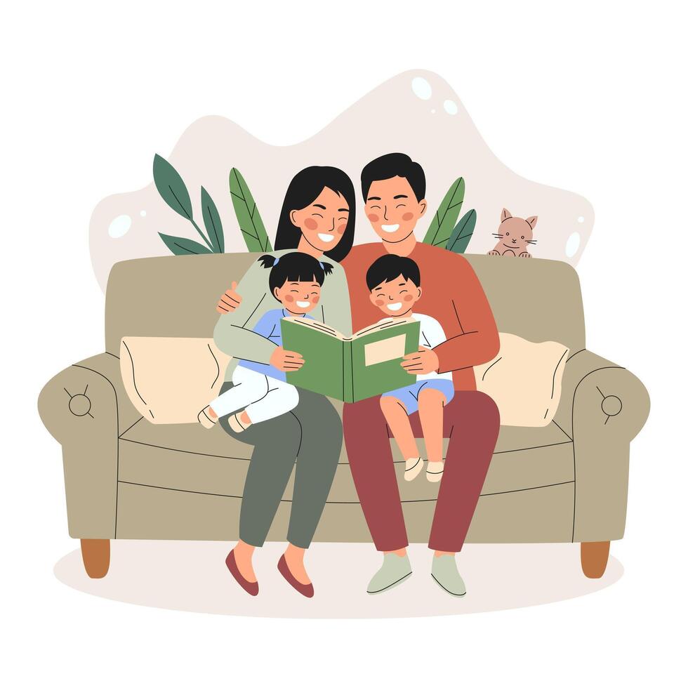 Happy family with two kids reading a book together on the sofa. Cozy family time and togetherness concept. Cute and heartwarming flat illustration. Storytelling moment. vector