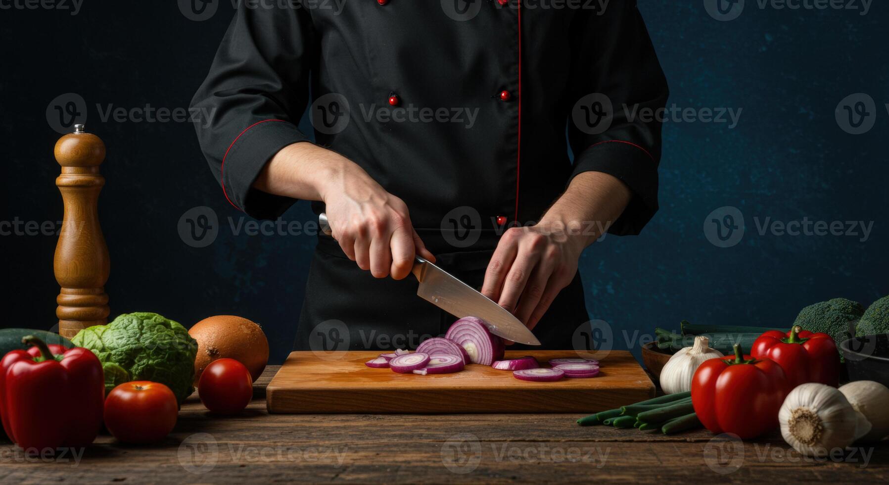 A woman in a chef's uniform is cutting onions on a cutting board photo