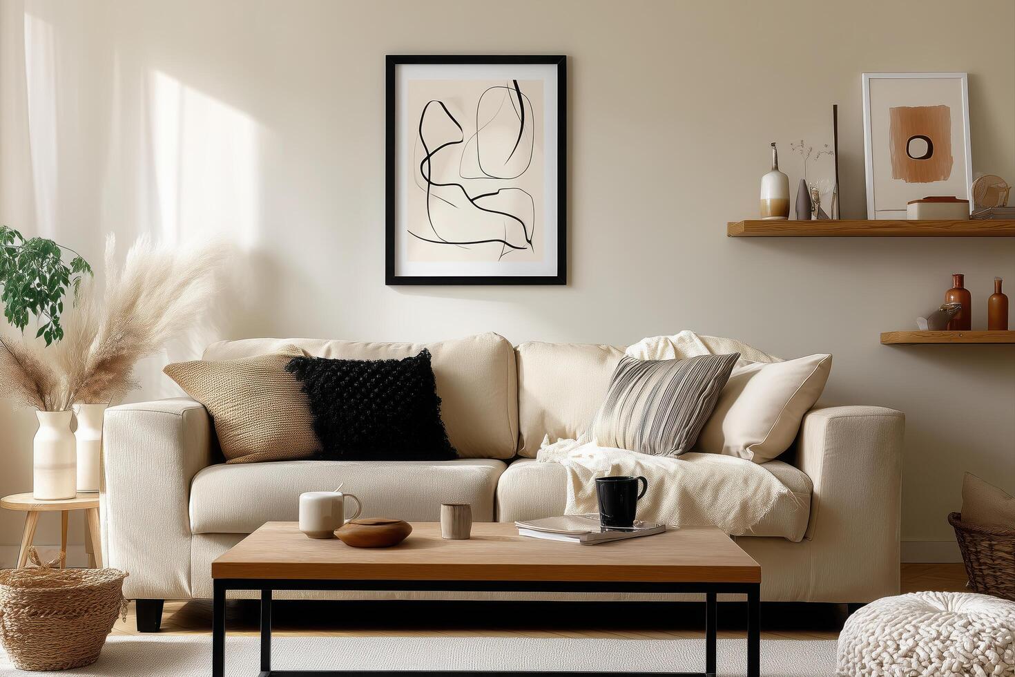 A living room with a white couch and a black and white framed art photo