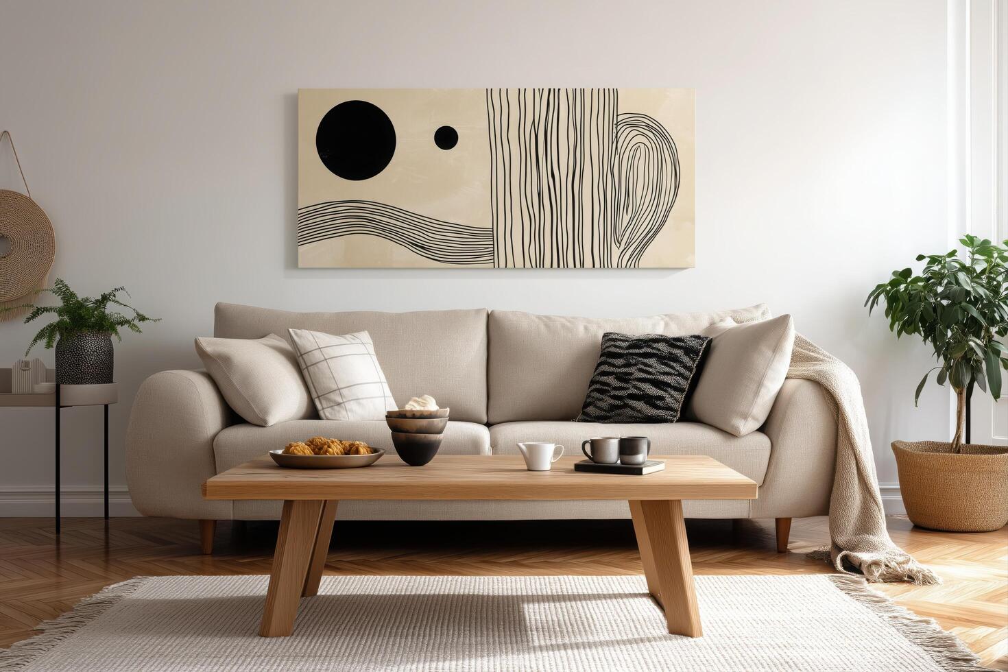 A living room with a white couch, coffee table and a painting photo