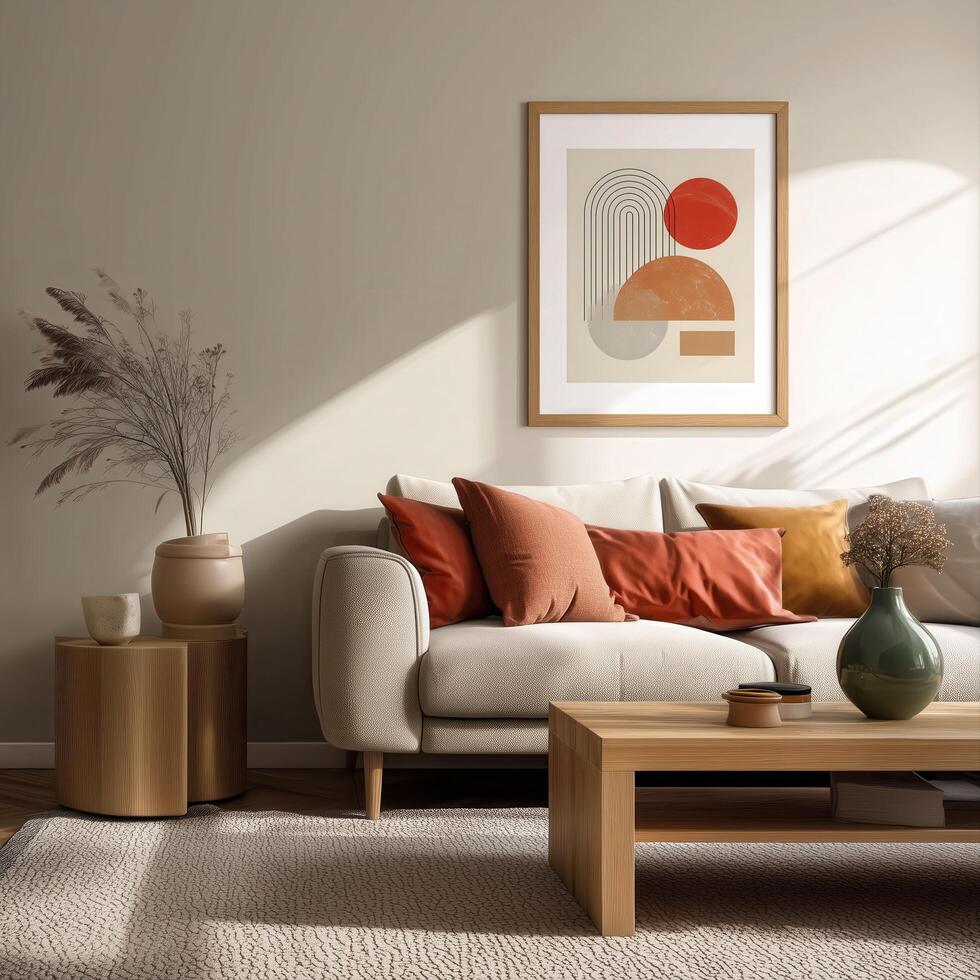 A living room with a couch, coffee table and art photo