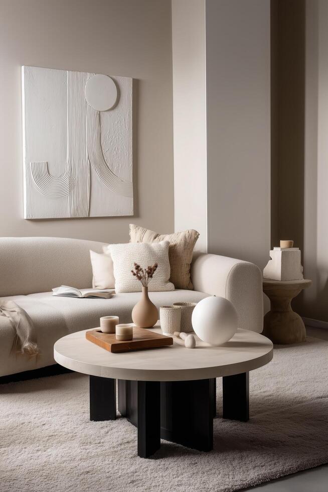 A white living room with a white couch and a white coffee table photo
