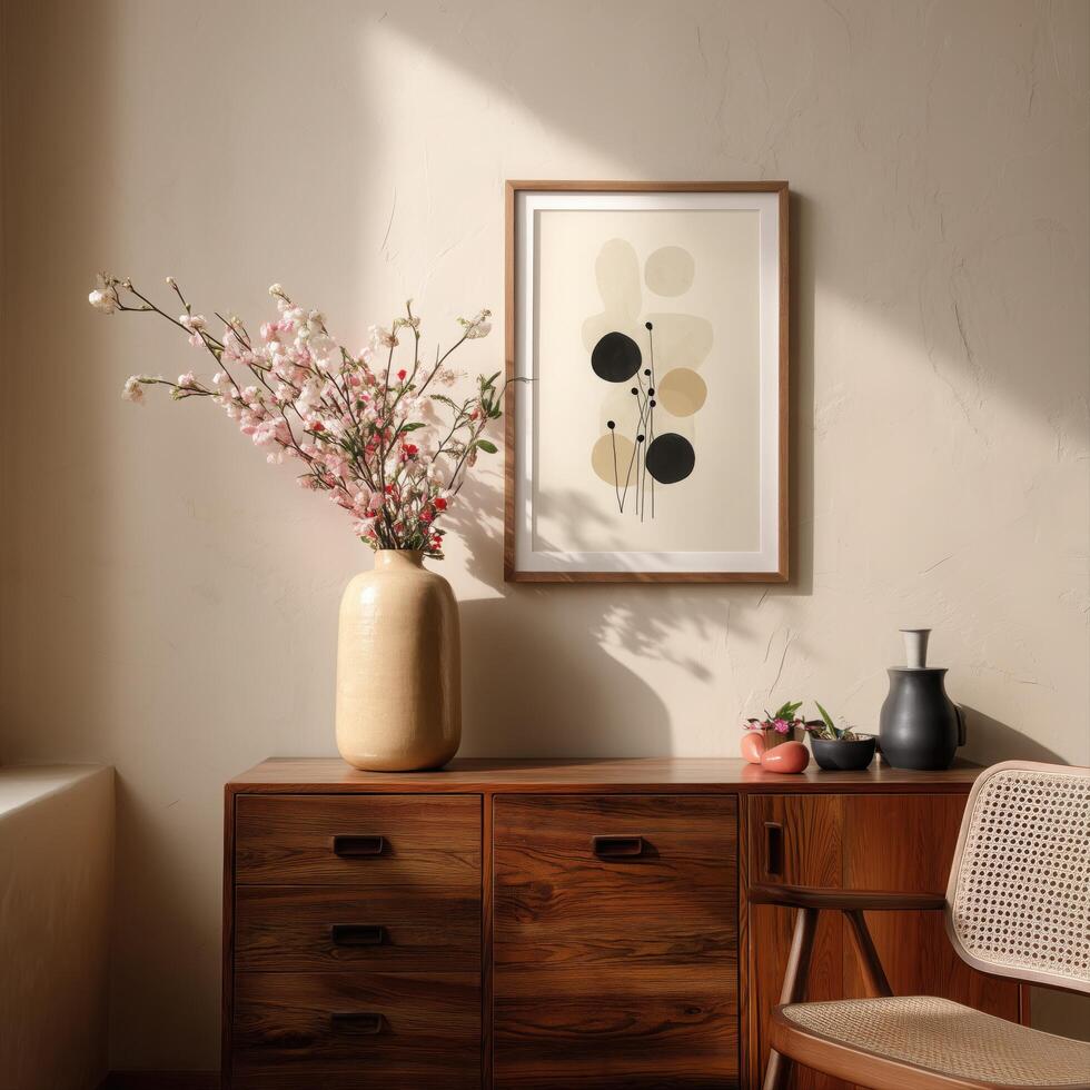 A wooden dresser with a vase of flowers on it photo
