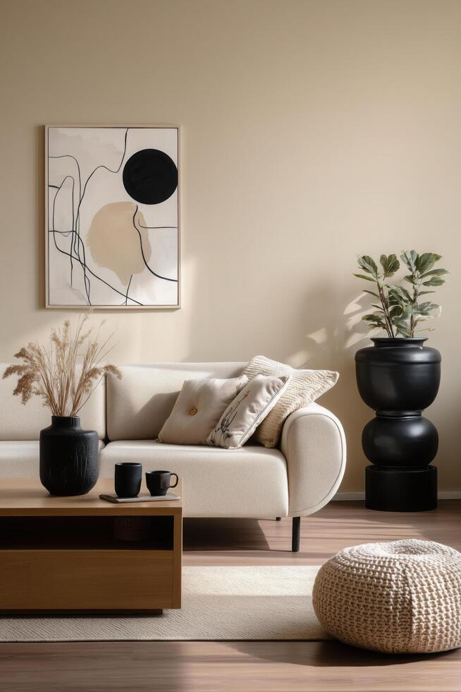 A modern living room with a white couch and a black coffee table photo