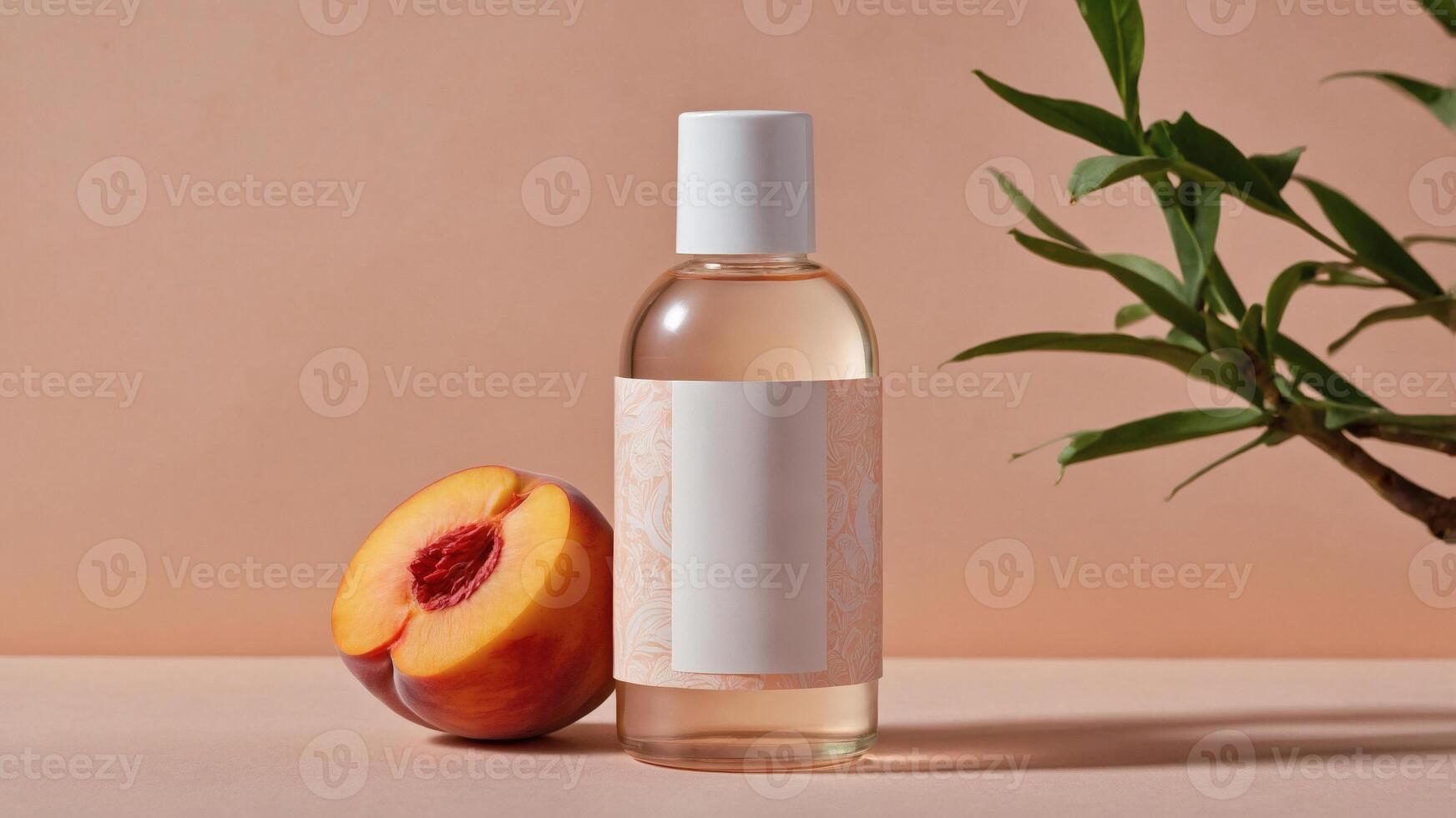 Aromatic Essence. A clear bottle with peach fragrance, next to a peach slice, hints at natural summer scents. Elegant simplicity. photo