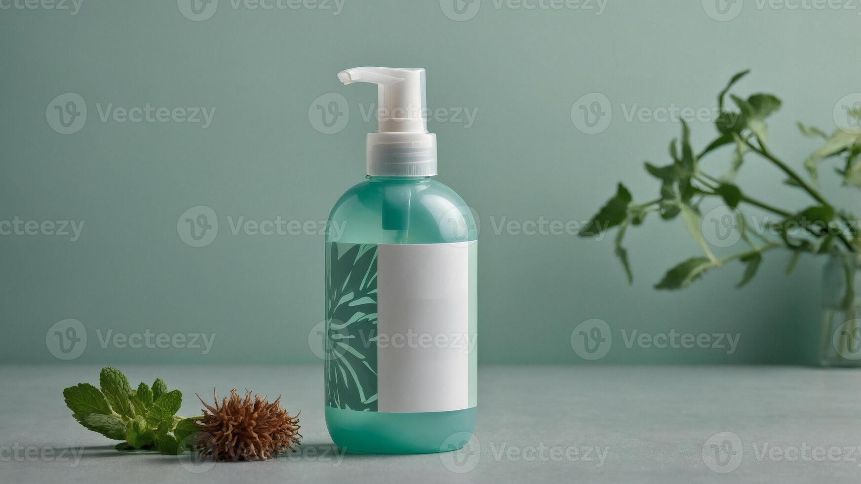 Tranquil scene. Aqua lotion bottle on counter, adorned with plant sprigs and a matching pale green backdrop, a fresh, botanical essence. photo