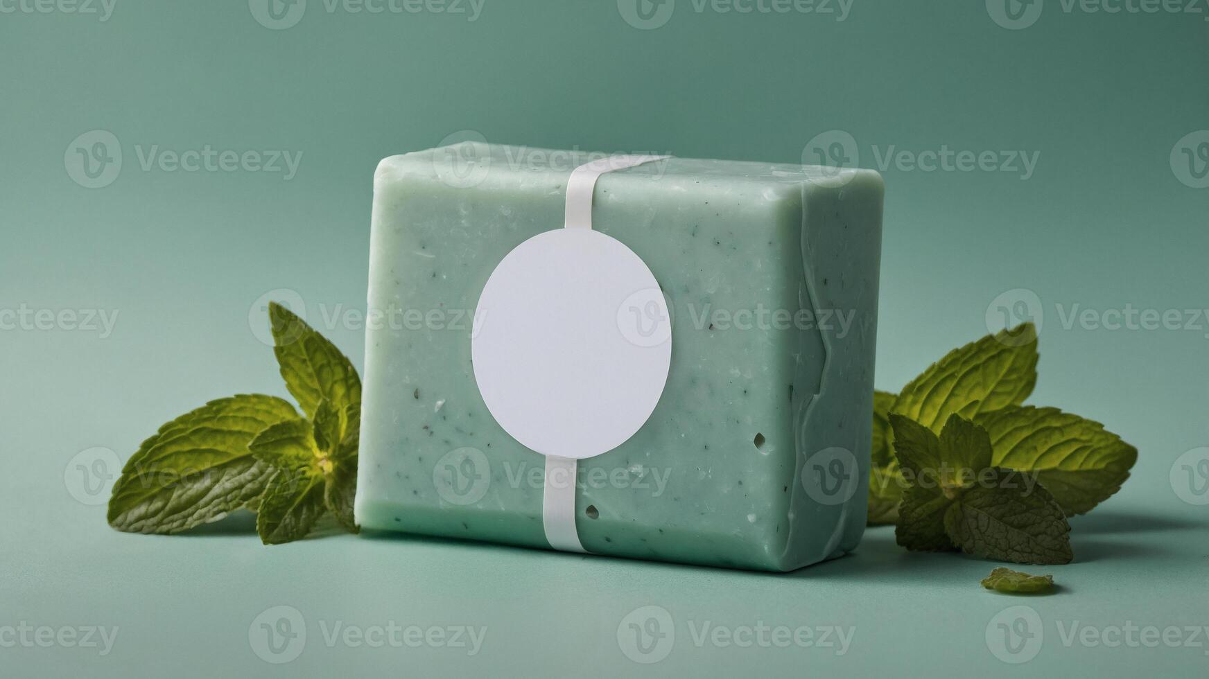 A refreshing herbal soap adorned with a plain label and fresh mint leaves exudes a clean, invigorating aroma on a soothing blue backdrop. photo