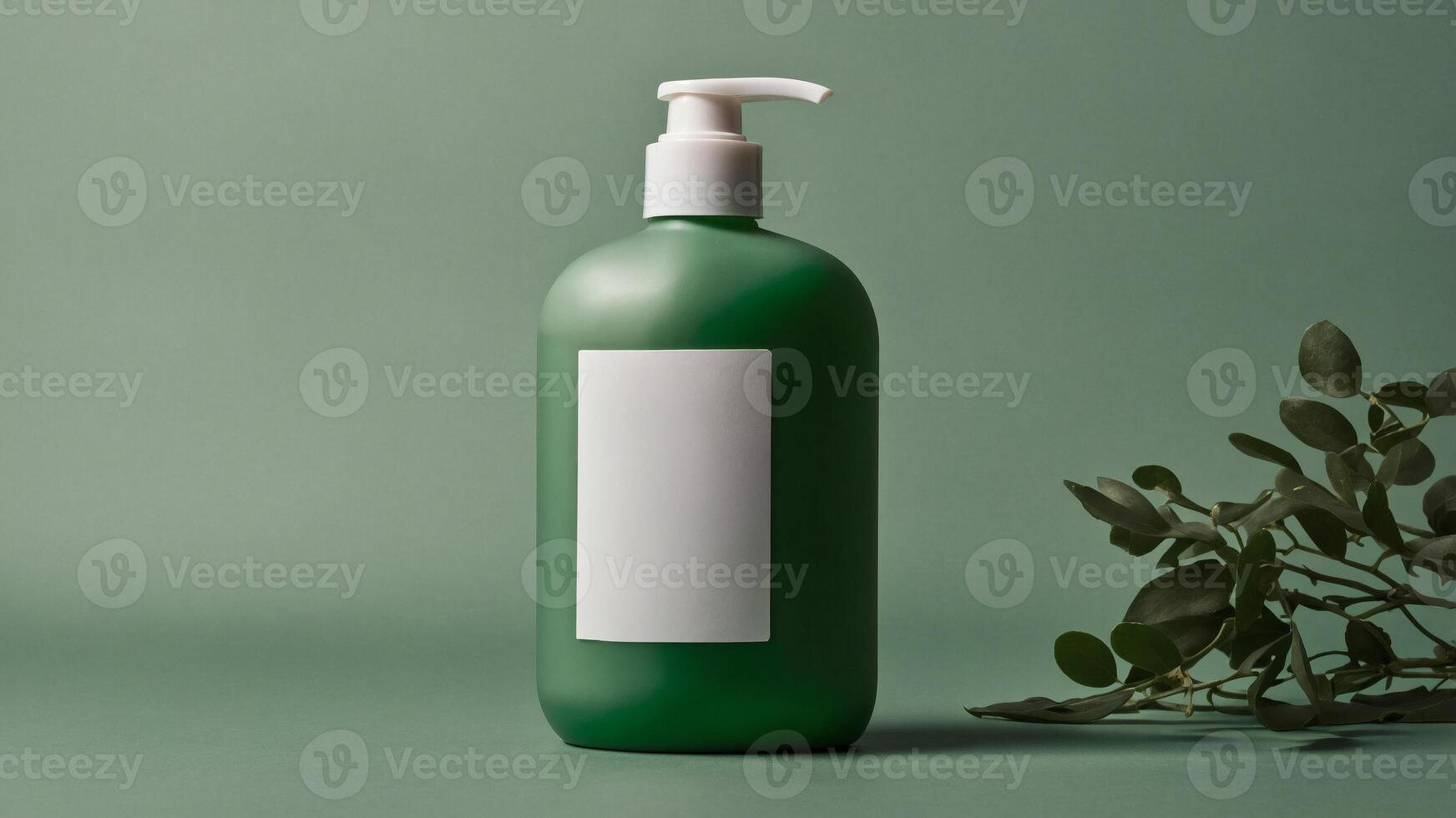 Green Dispenser Bottle. Minimalist design with blank label and botanical accent. Ideal for lotion, soap, or personal care products. photo