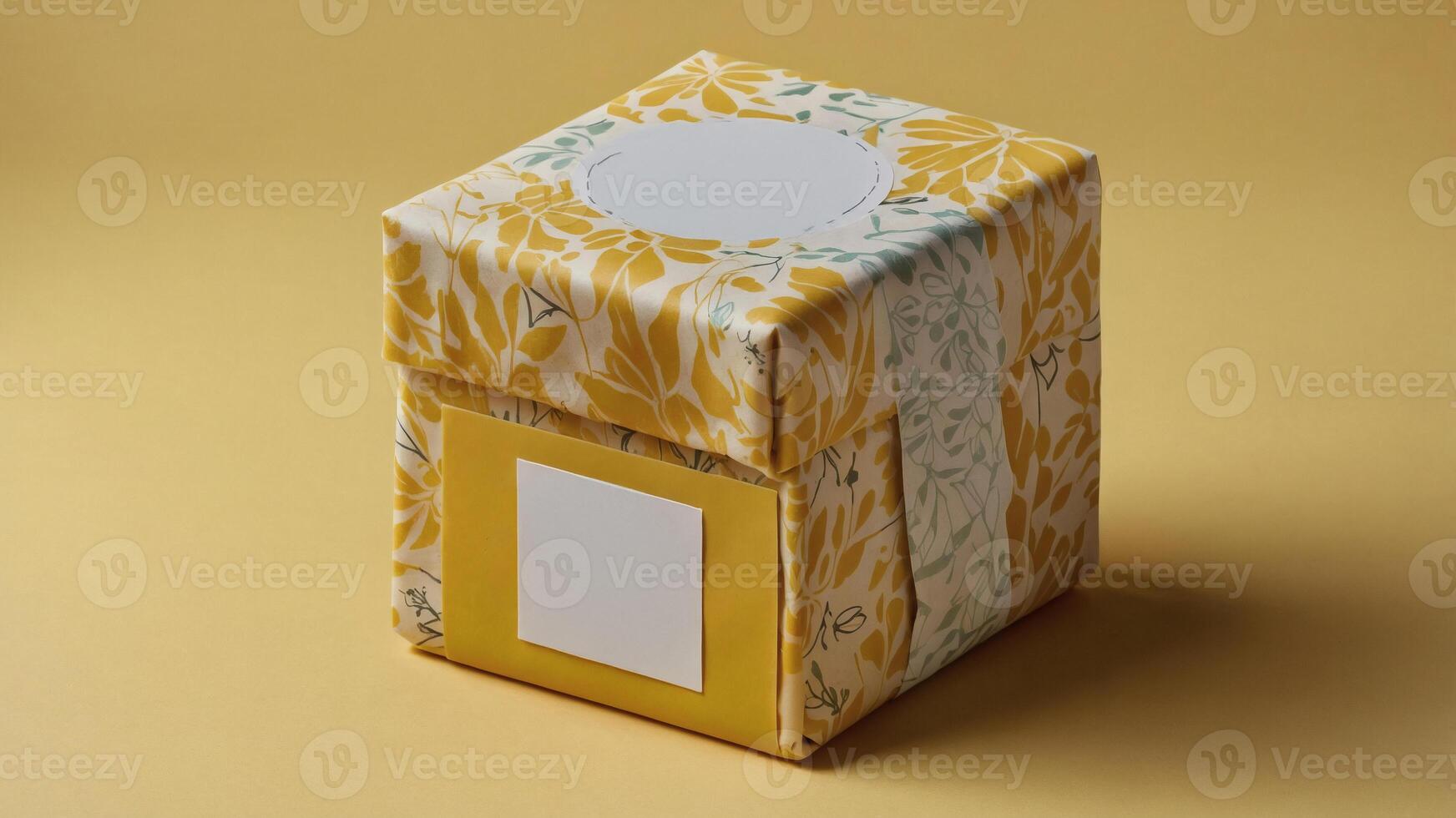 A cube-shaped box is beautifully wrapped in floral-patterned paper, with a circular cutout on top and a yellow label on the side. photo