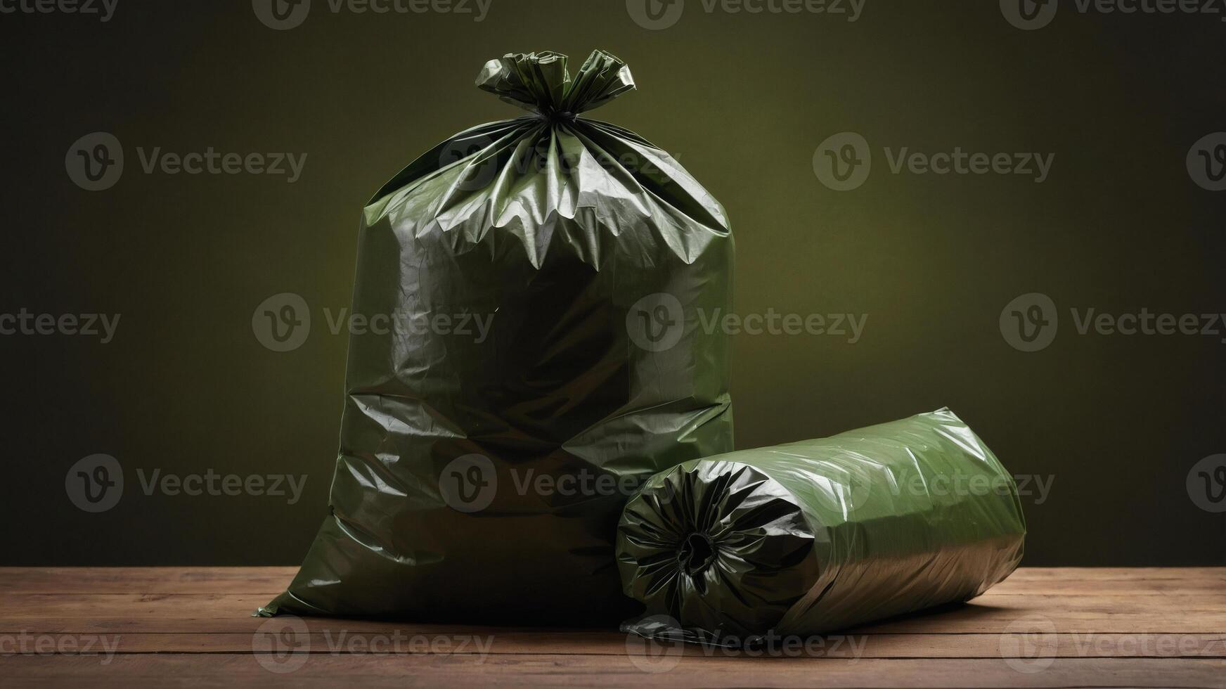 Green garbage bags, one full and one rolled up, rest on a wood surface against a dark backdrop, emphasizing waste and storage solutions. photo