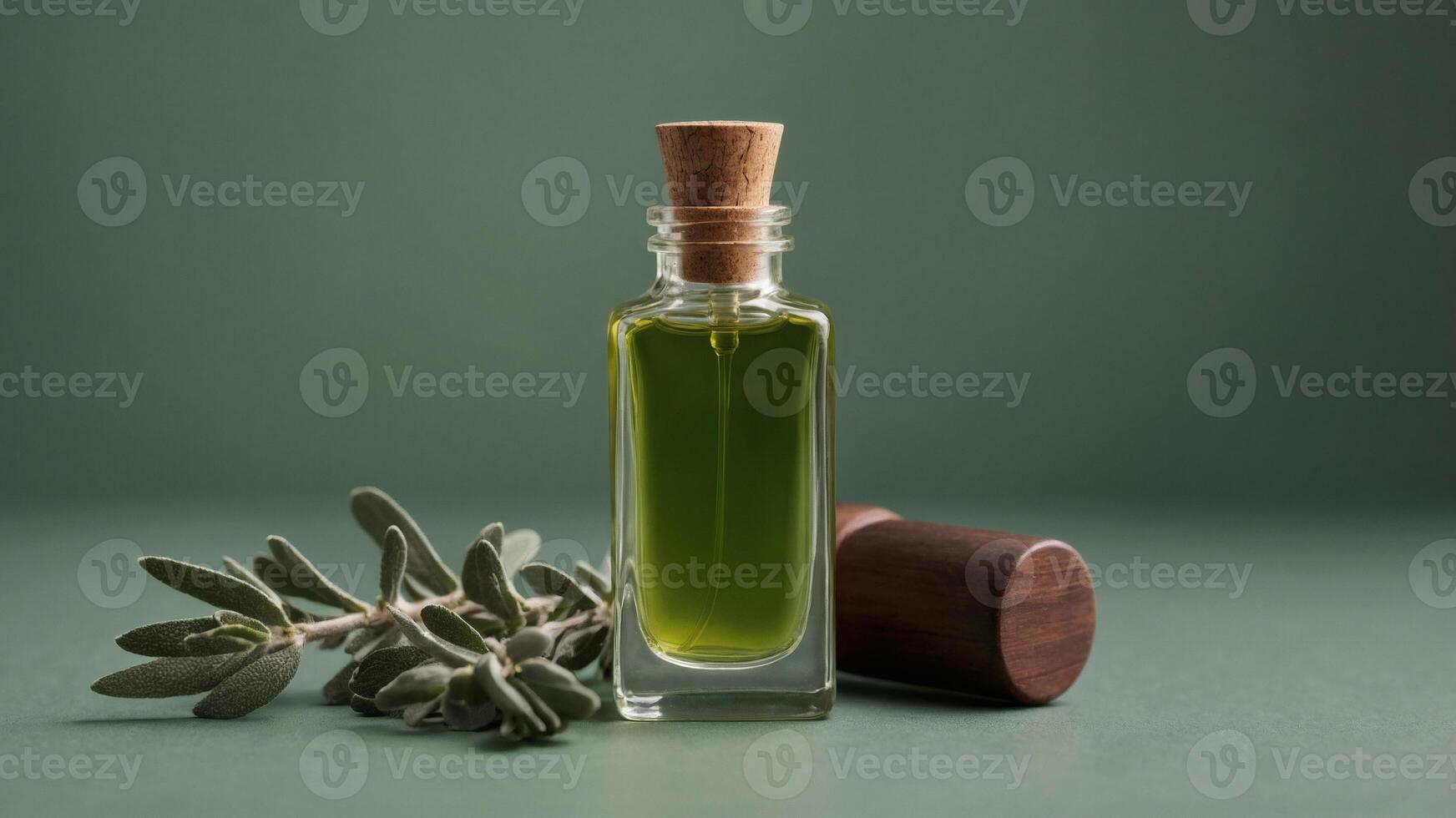 Aromatic essence of nature. Glass bottle with golden fluid paired with herb sprigs, on a green backdrop. A modern minimalist style. photo