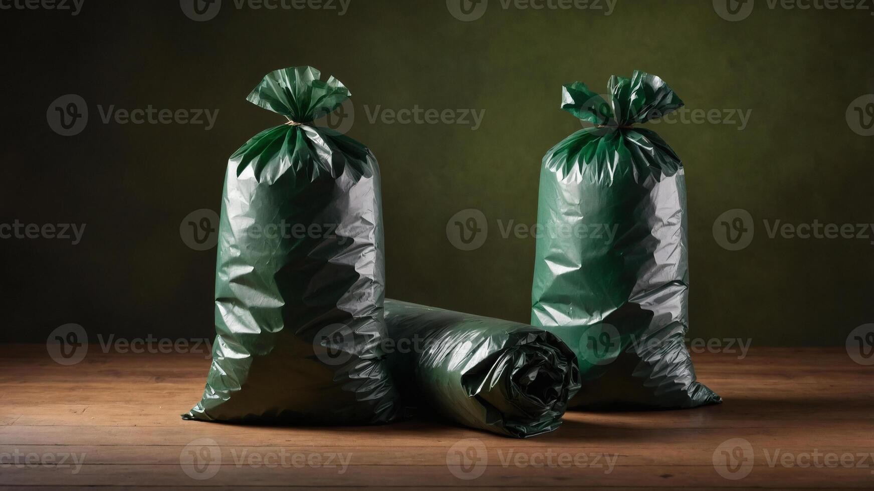 Eco-Friendly Disposal. Three green garbage bags, two upright and one rolled, on a wooden surface against a dark, blurred background. photo
