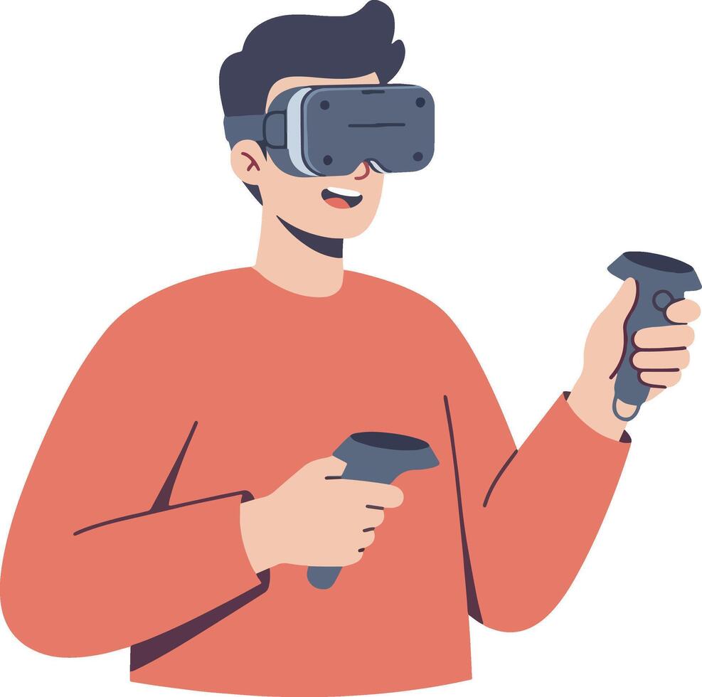 Man experiencing virtual reality with VR headset and controllers vector