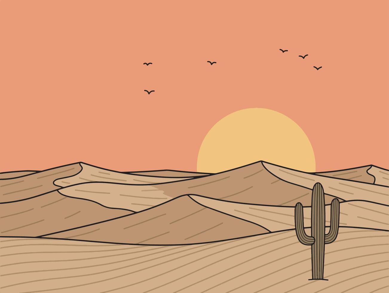 Desert Sunset Scene with Cactus and Sand Dunes vector