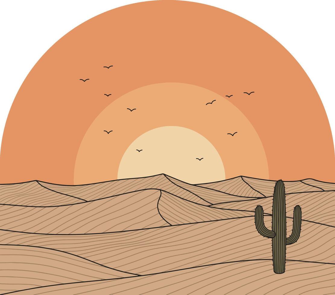 Desert Sunset with Cactus and Sand Dunes vector