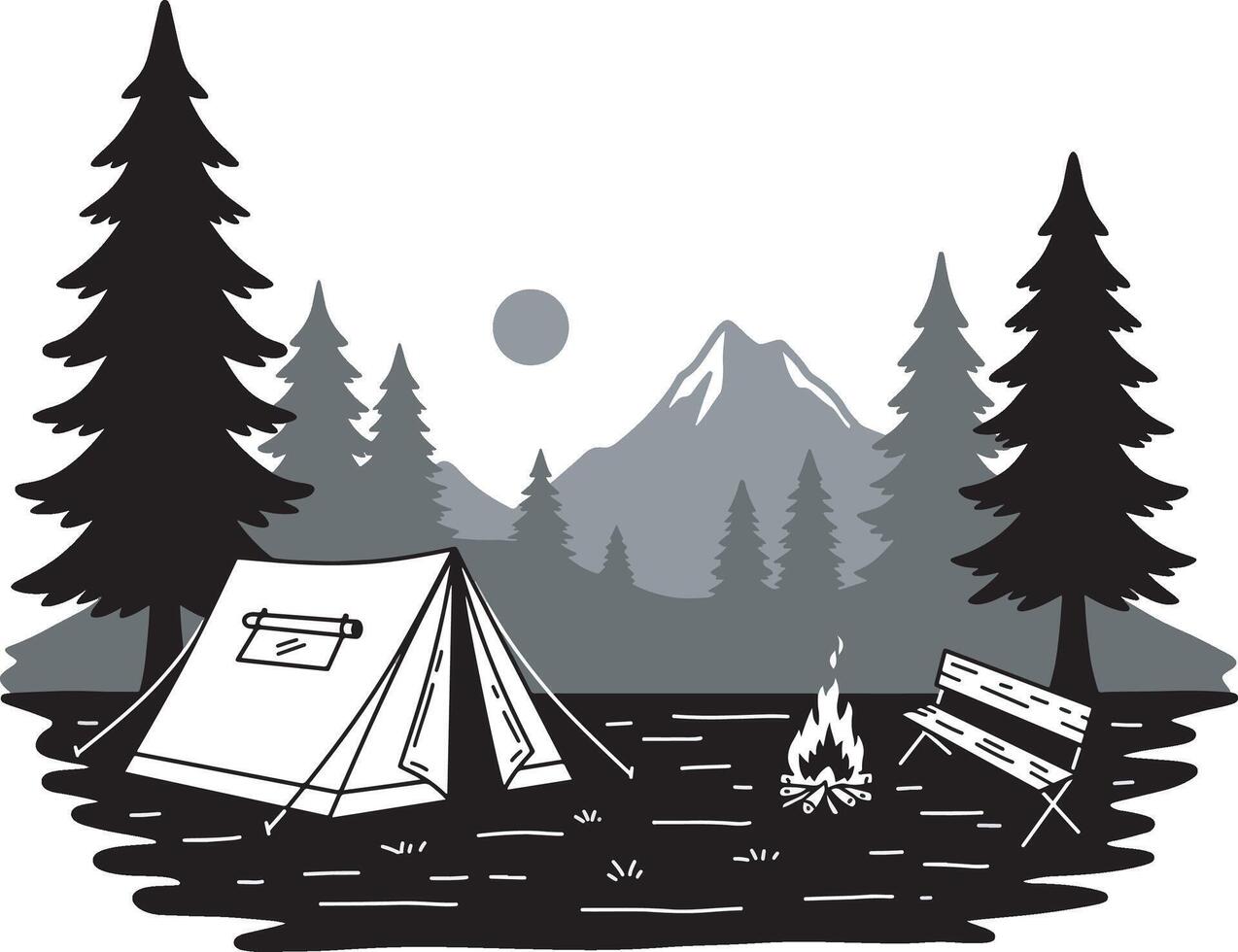 Camping Adventure Tent and Campfire in the Wilderness vector
