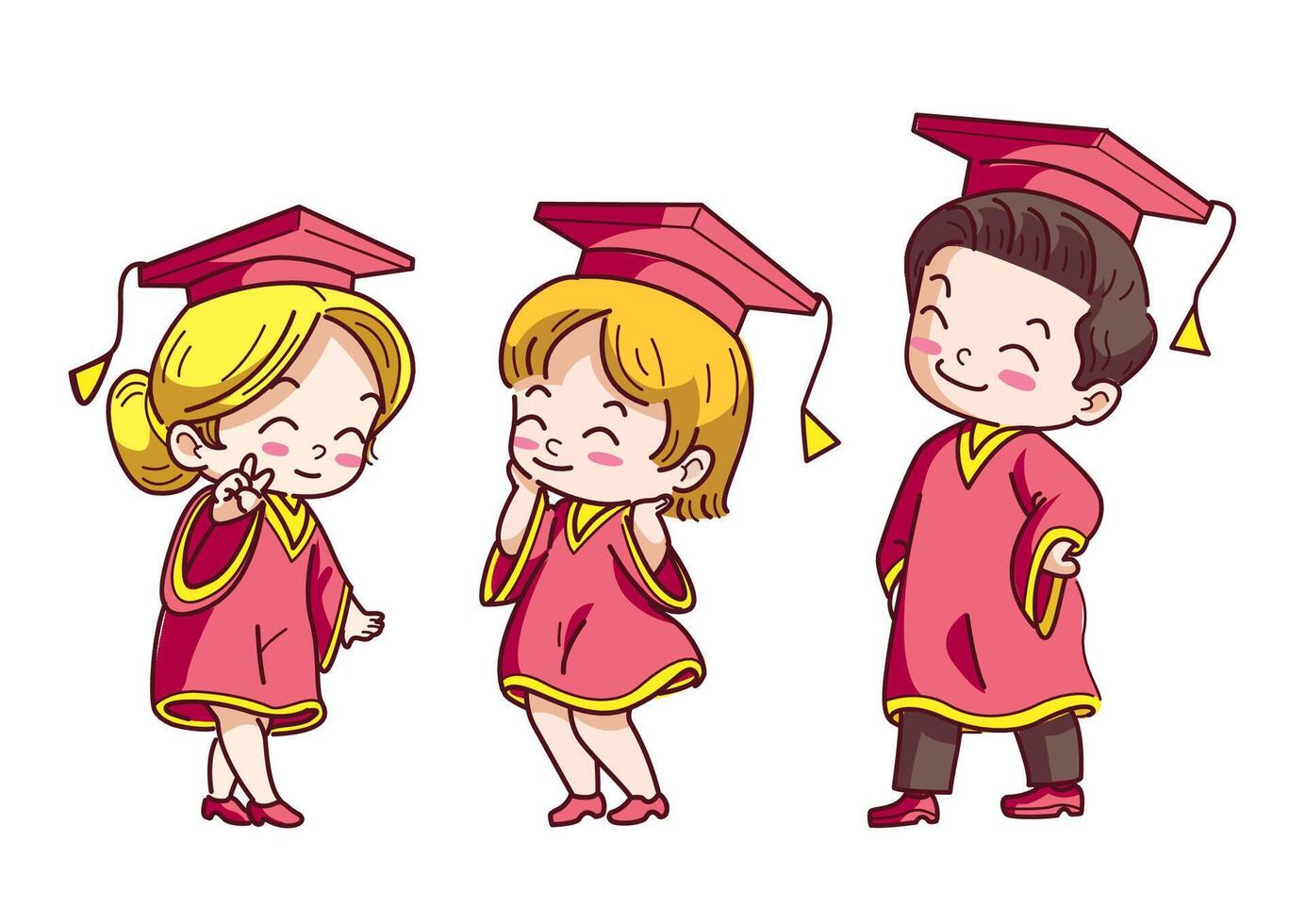 Happy children celebrating graduation in red caps and gowns with cheerful illustrations in various cute poses vector