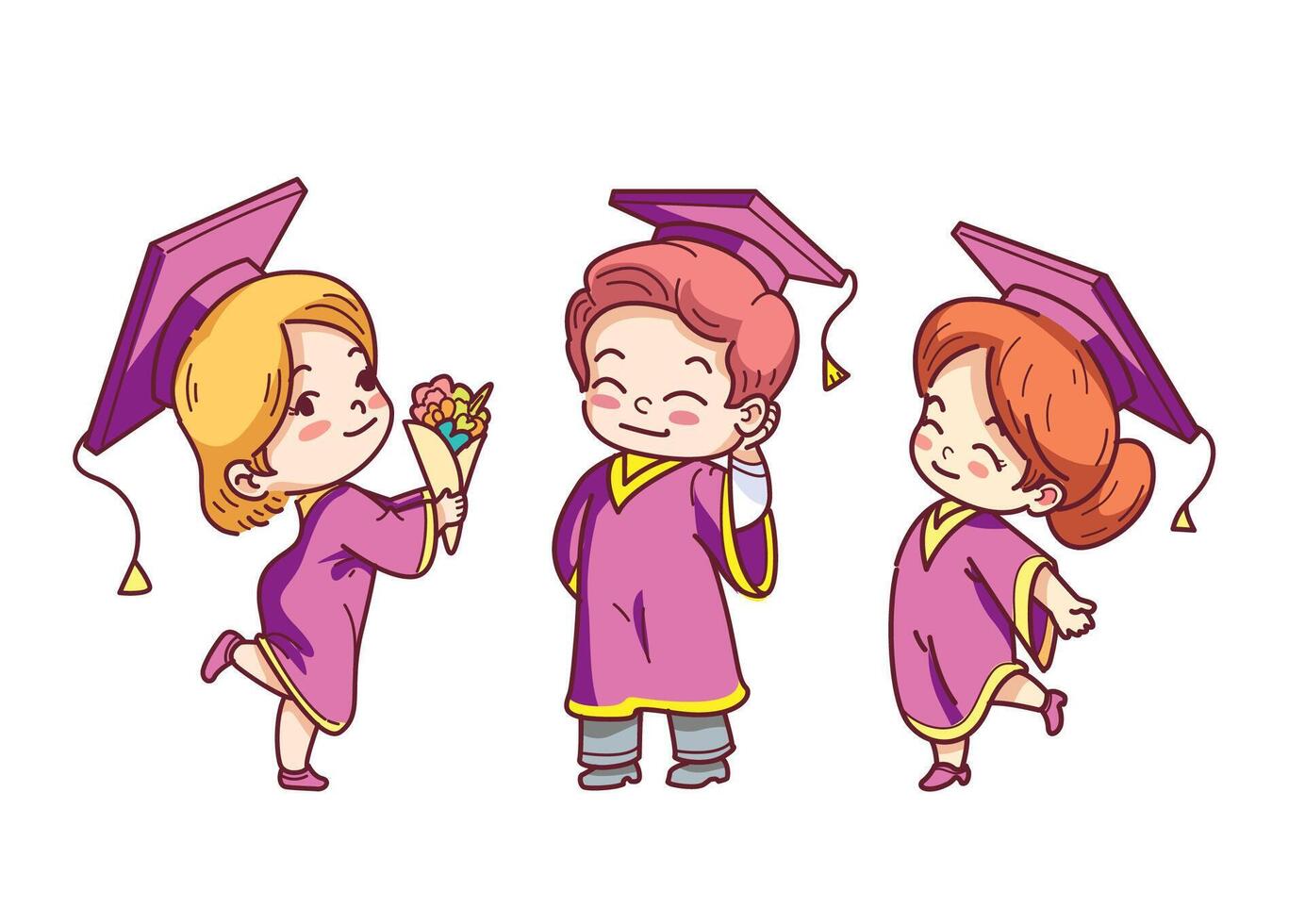 Happy children celebrating graduation in colorful caps and gowns with cheerful illustrations in various cute poses vector
