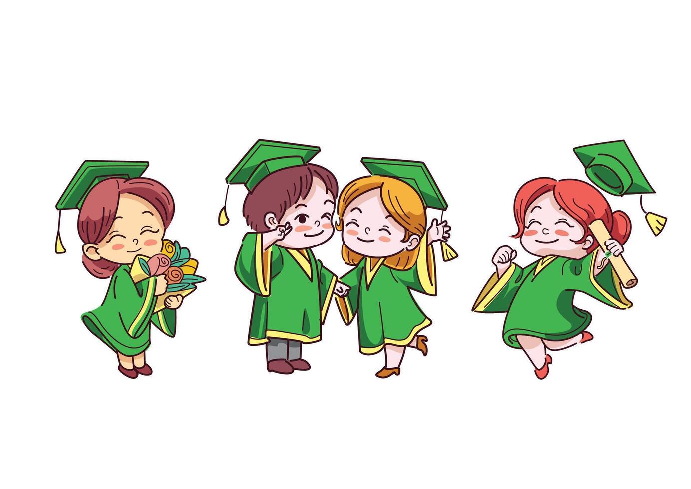 Happy children celebrating graduation in green caps and gowns with cheerful various cute poses vector