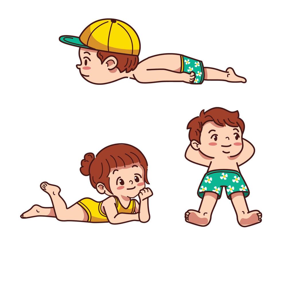 Happy children enjoying summer vacation with various poses showcasing fun and outdoor activities vector