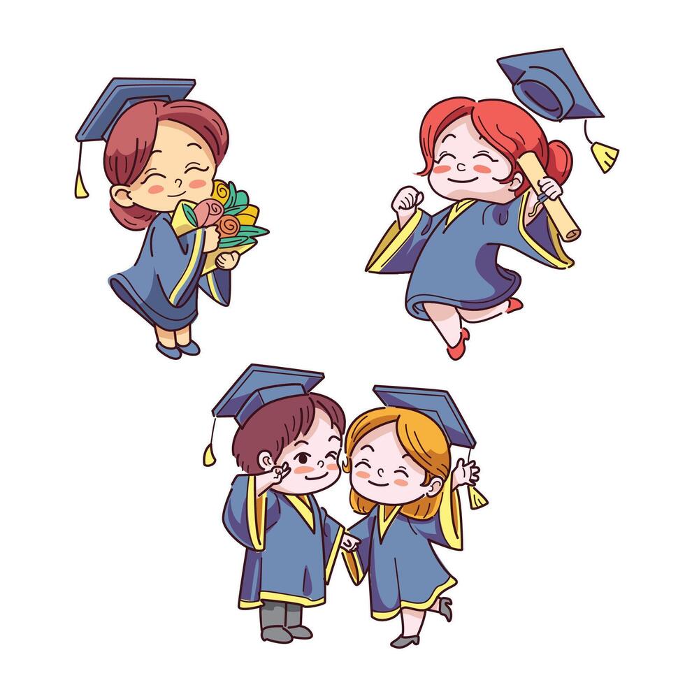 Happy children graduation concept . Cute girl kids with different pose. vector