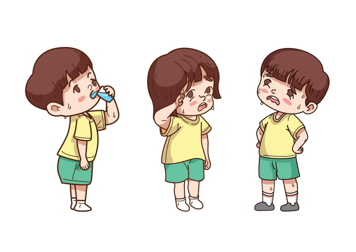 Children pose bundling. people suffering from summer heat wave feeling hot and thirsty illustration vector