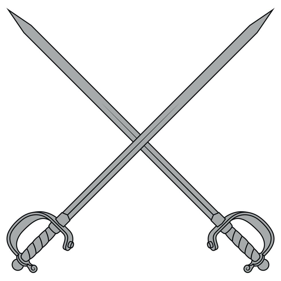 The antique Spanish swords, with their intricately detailed hilts, are crossed in a display of historical weaponry vector