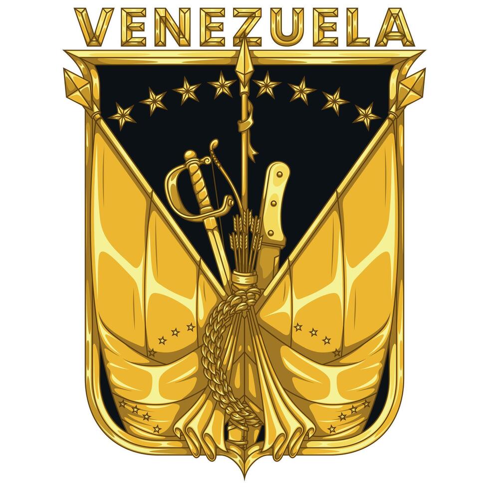 Venezuelan flags and weapons are framed by a symbolic shield, representing the nation's defense and heritage. vector
