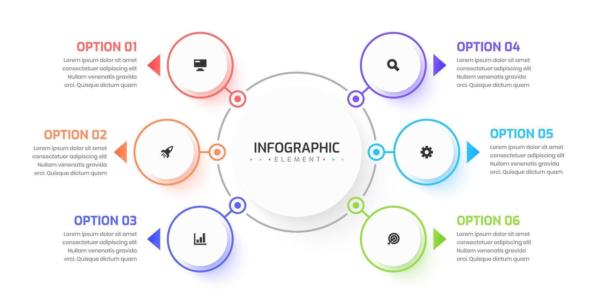 Flowchart Infographic with 6 Circle Label Connected to Main Circle, Suitable for Workflow, Presentation, Diagram, Chart vector