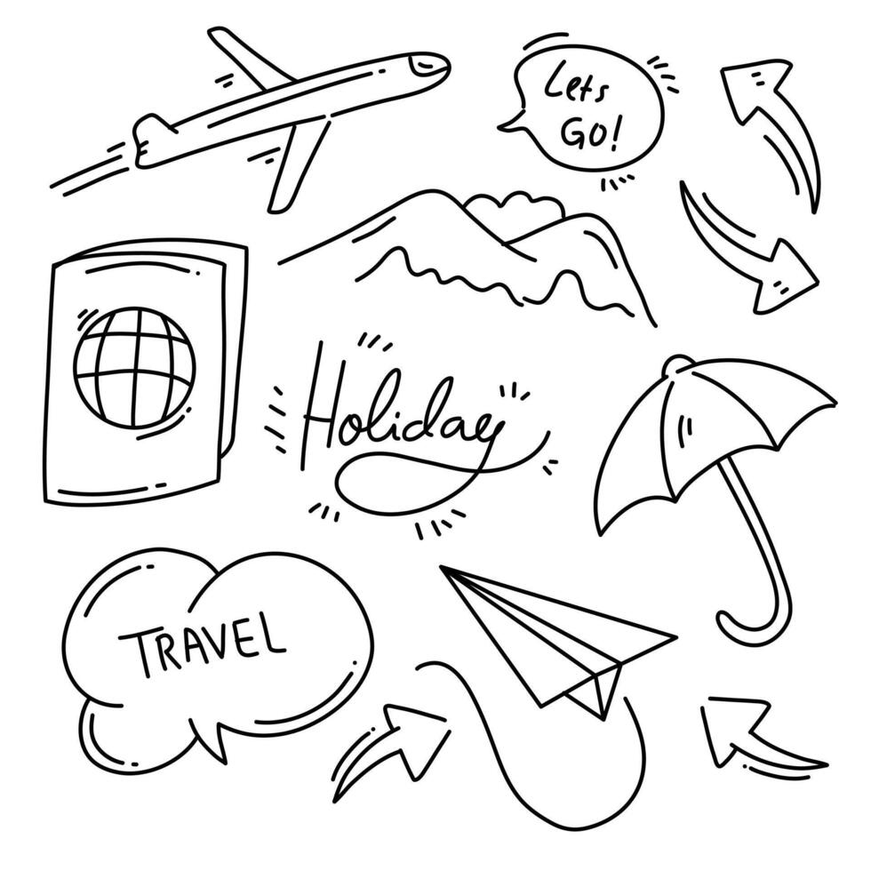Doodle Style Travel and Holiday Icons and Elements on White Background vector