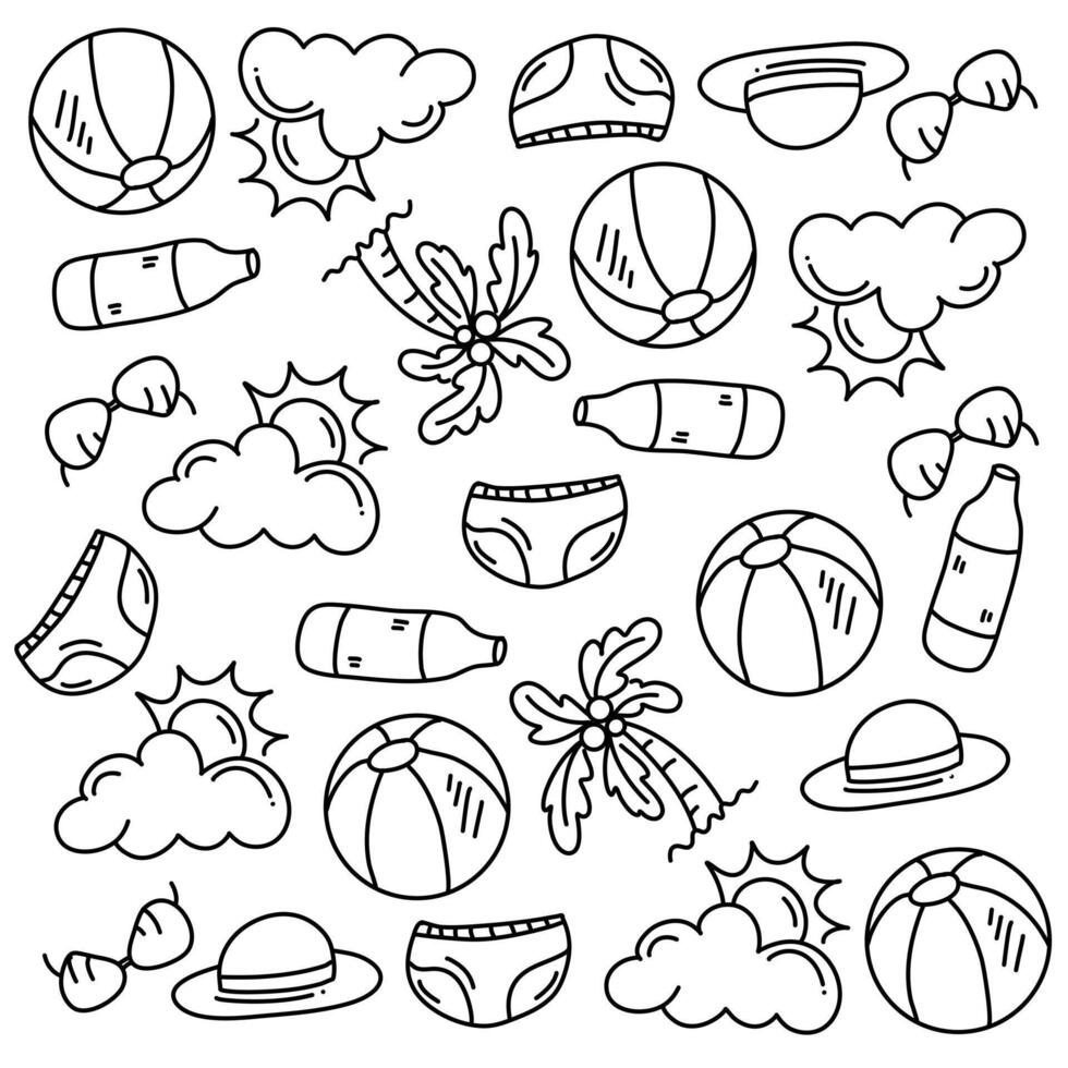 Summer doodles beach vacation sun fun holiday relaxation elements vector