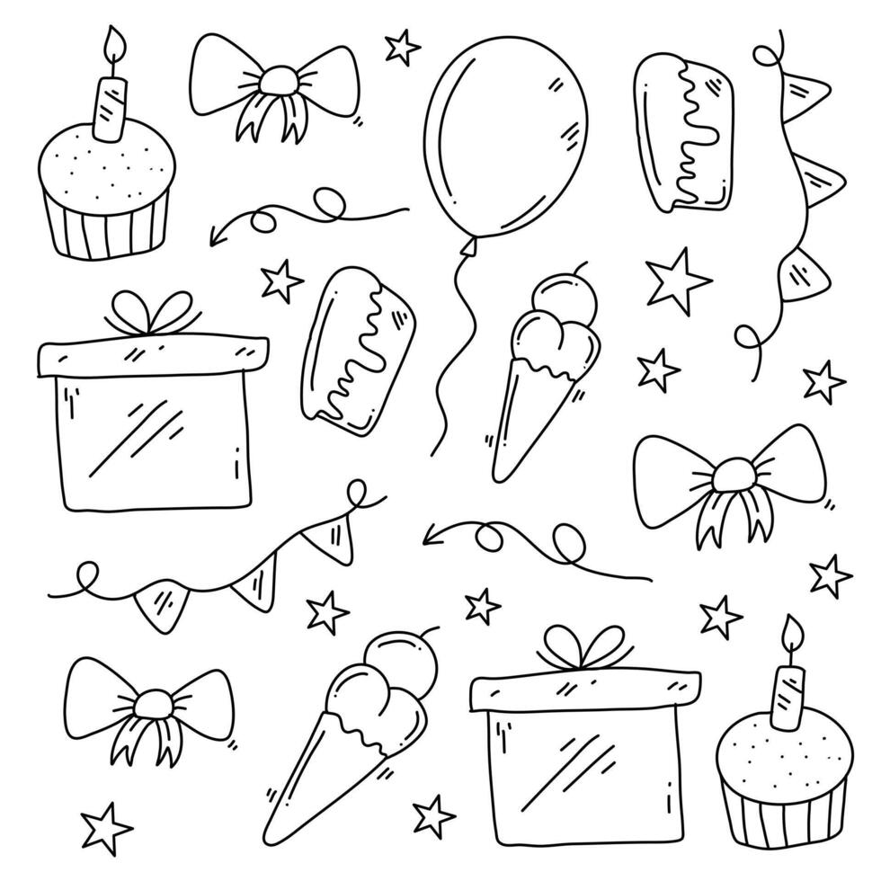 Set of Hand Drawn Birthday Party Icons and Decorative Elements vector