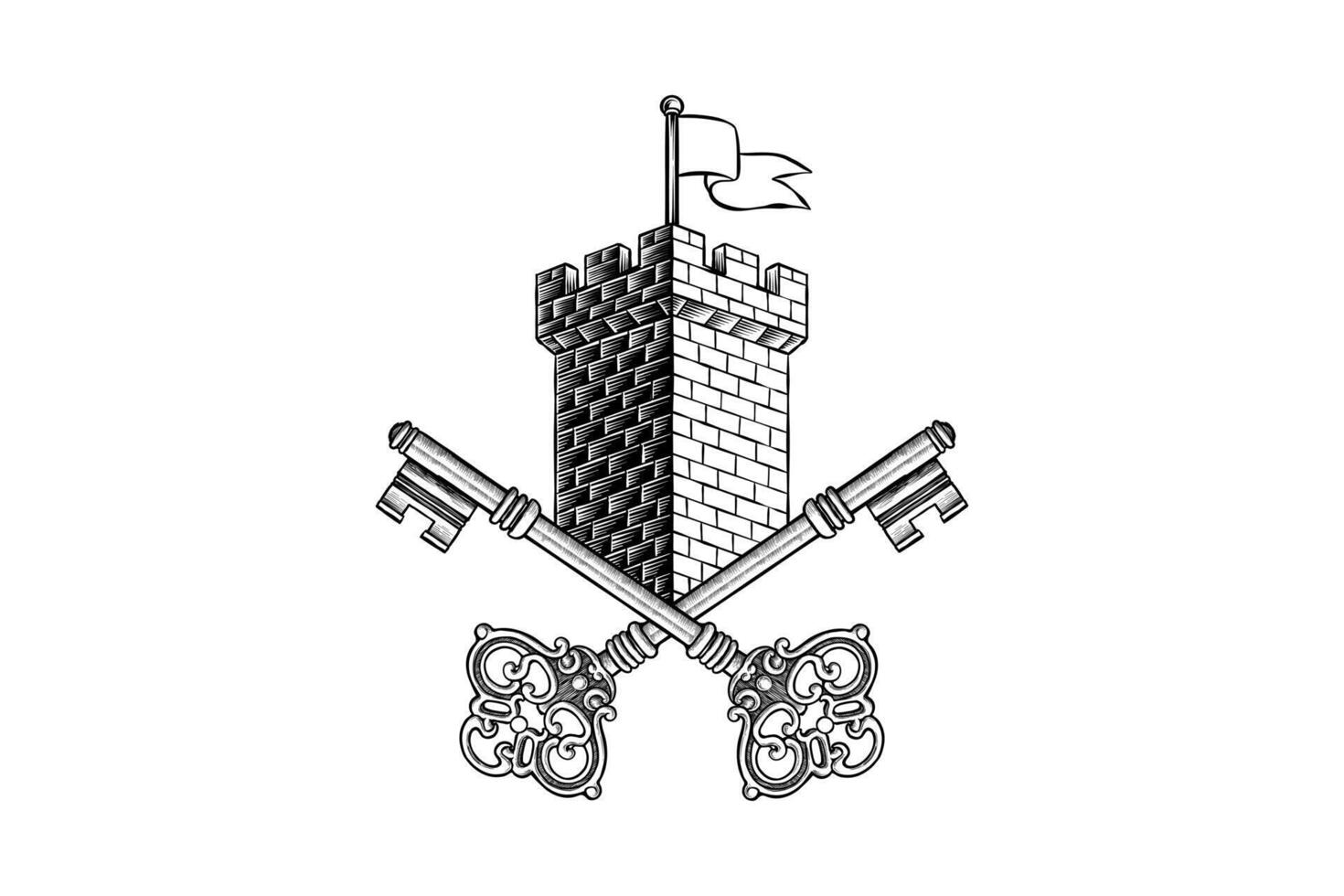 drawing illustration of a key with a castle tower vector