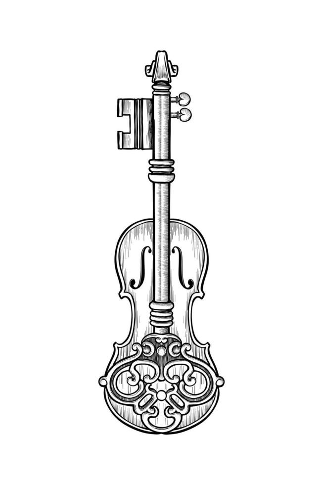 drawing illustration of violin combined with keys vector