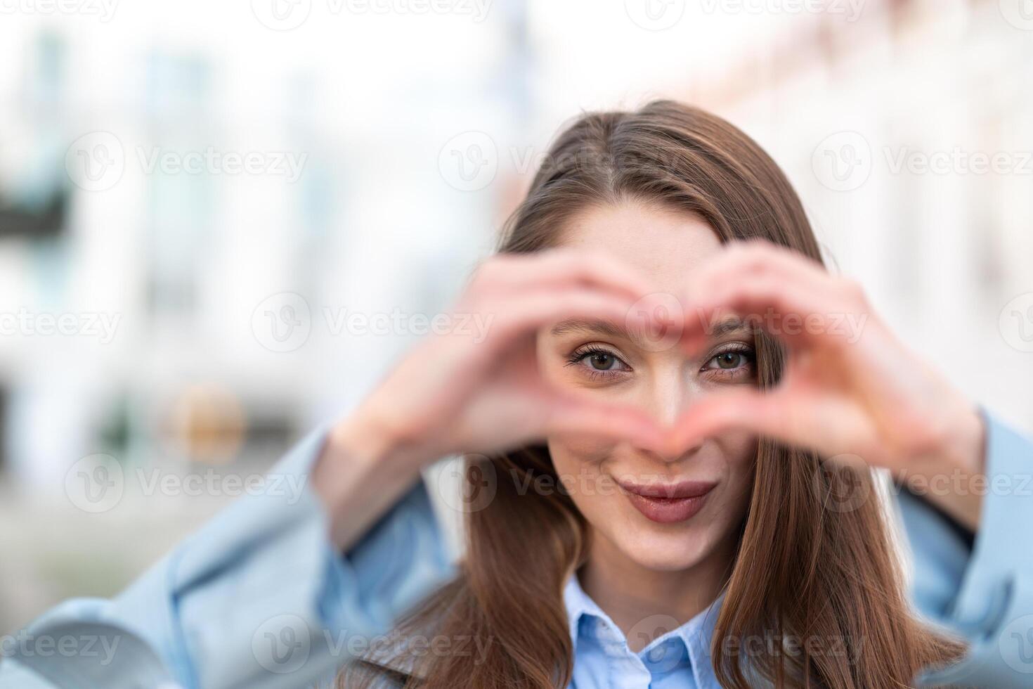 Portrait of smiling woman making heart shape with hands photo